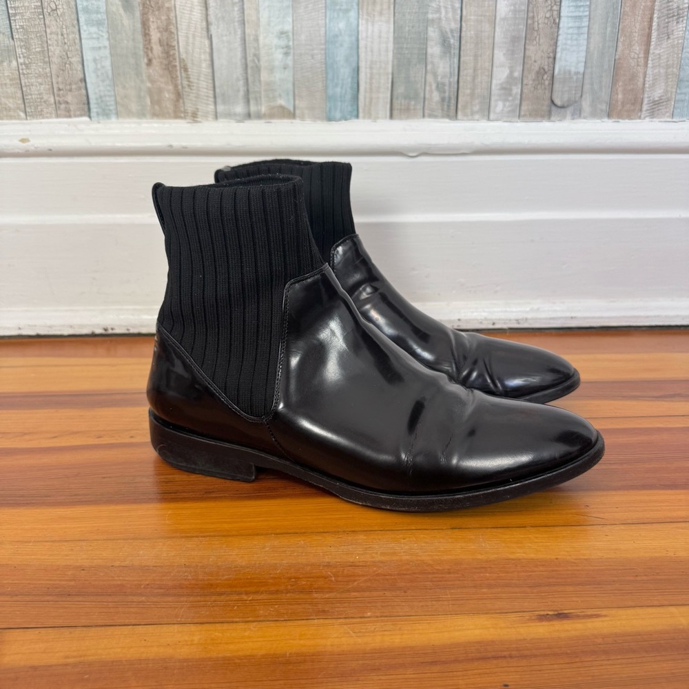 Vince 9 Patent Leather Perlow Sock Knit Collar Ankle Boots Booties Pull On Black